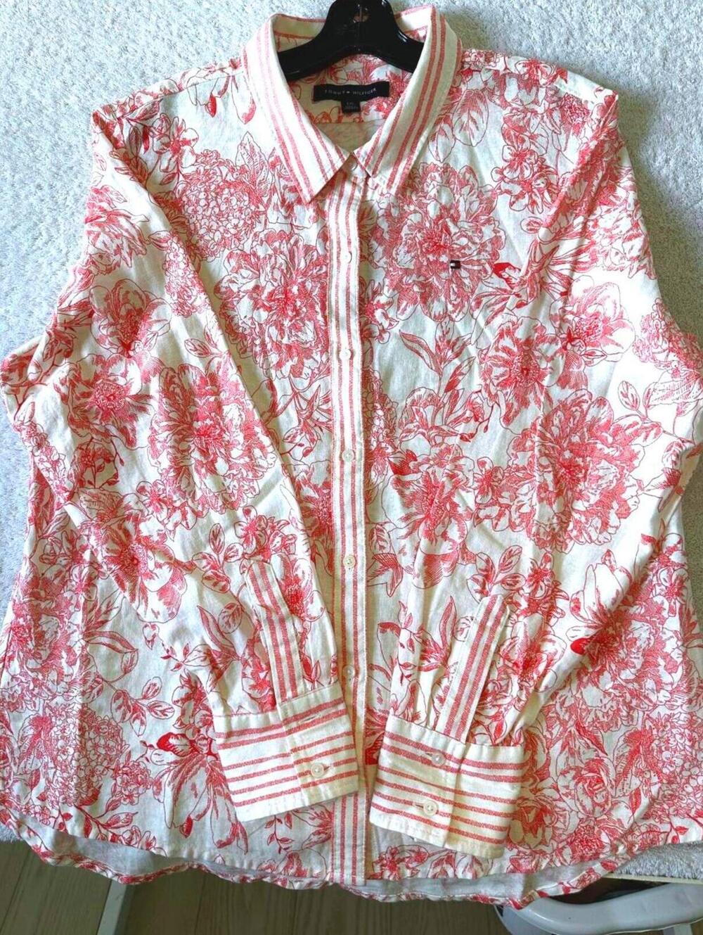 Tommy Hilfiger Cream Linen Blend Pink Floral Print Button-Up Shirt -  Large EUC